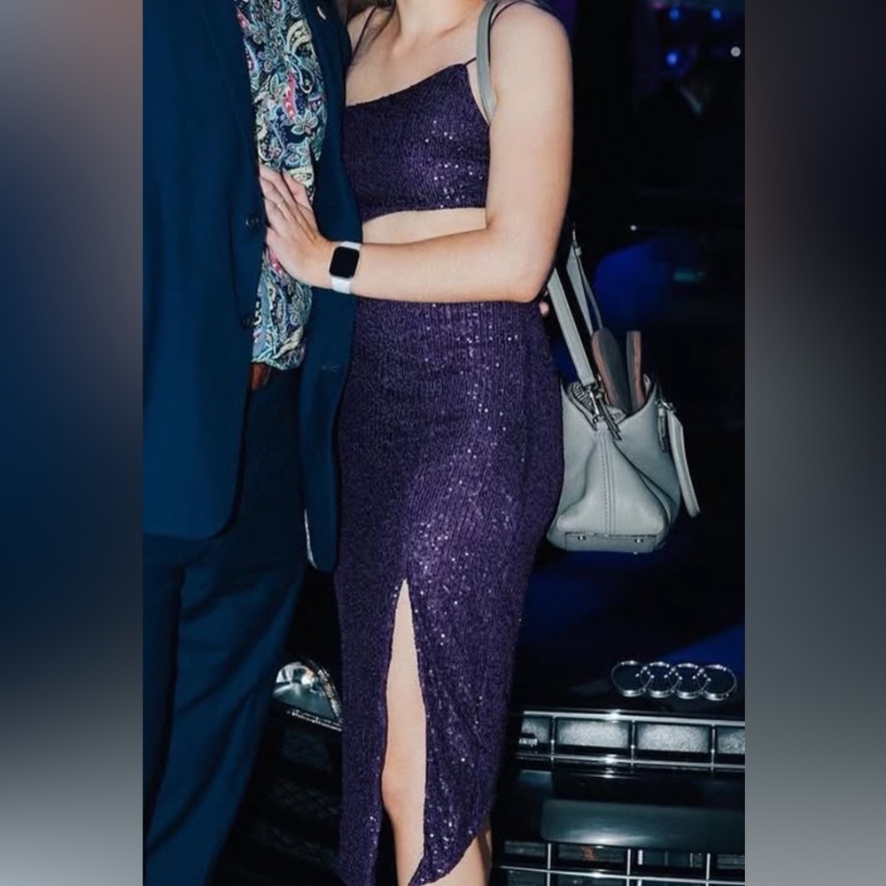 Lulu's Purple Sequin Body con asymmetrical dress